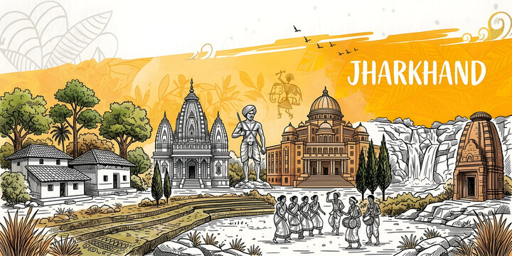 Jharkhand Cultural Heritage Illustration: Artistic Sketch of Baidyanath Temple, Birsa Munda Statue, Hundru Falls, and Santhal Tribal Dance with Vibrant Yellow Watercolor Splash for Graphic Wall Decor.
