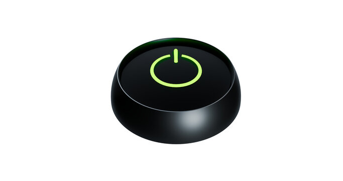 Power on button with glowing green light in a transparent background
