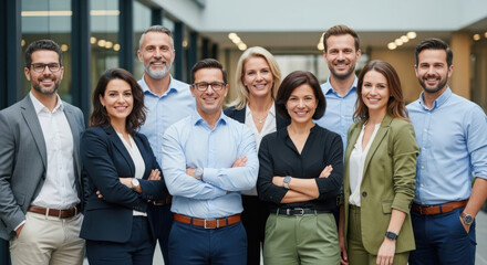 Fototapeta premium Smiling diverse business team in casual office wear posing together group portrait office setting