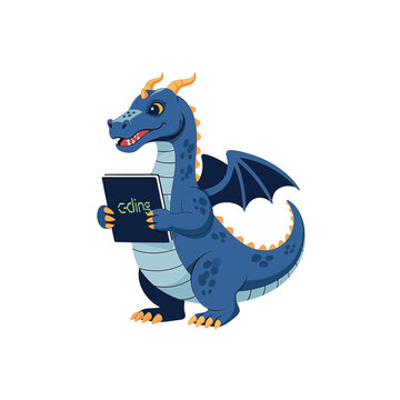 Coding dragon mascot illustration featuring a stylized mythical dragon character sitting at a computer laptop typing code, modern vector graphics for software development branding.