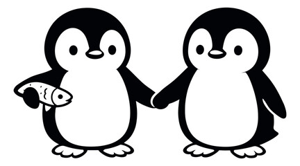 Fototapeta premium Cute line art penguin set featuring two penguins holding hands and one holding a fish for love and friendship concepts