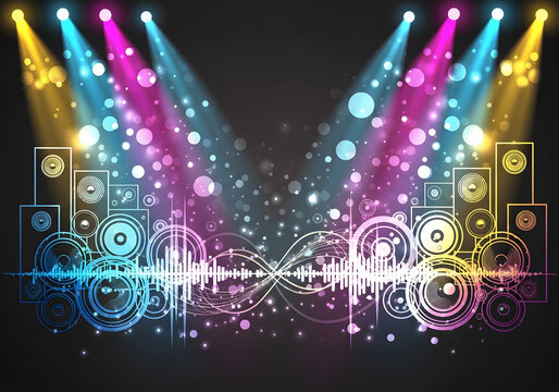 Vibrant music festival stage with colorful lights and speakers emitting sound waves in a lively concert environment viewed from a front row perspective.
