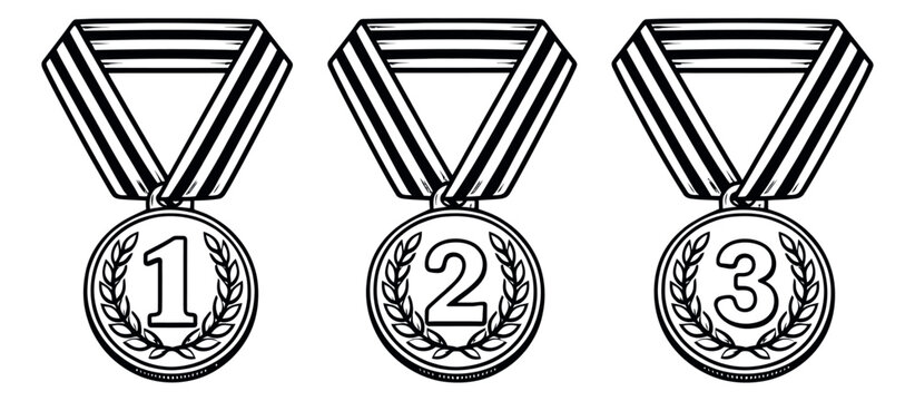 Hand drawn line art medals set featuring first, second, and third place awards for sports achievement