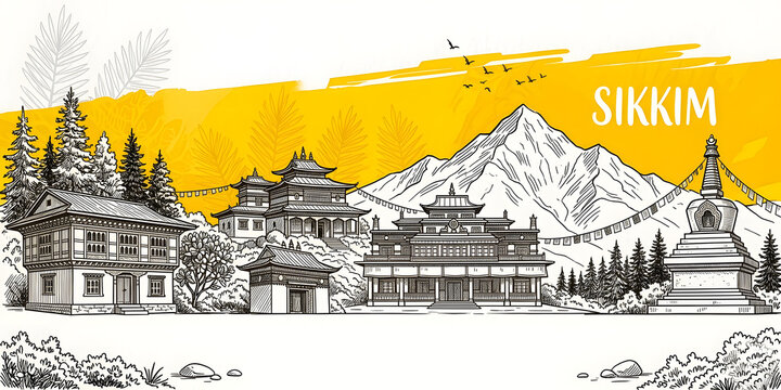 Sikkim Cultural Heritage Illustration: Artistic Sketch of Rumtek Monastery, Kangchenjunga Mountain, Dro-dul Chorten Stupa, and Bhutia Houses with Yellow Watercolor Splash for Graphic Wall Decor