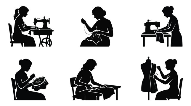 Silhouettes of women engaged in various sewing activities