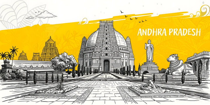 Andhra Pradesh Cultural Heritage Illustration: Artistic Sketch of Amaravati Stupa, Tirupati Temple Gopuram, Nandi Bull, and Buddha Statue with Vibrant Yellow Watercolor Splash for Graphic Wall Decor.