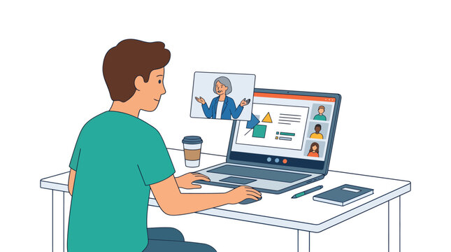Young student homeschooling with an online school program, actively participating in a virtual classroom session and remote learning from home.