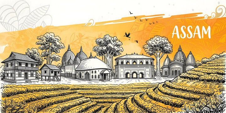 Assam Cultural Heritage Illustration: Artistic Sketch of Kamakhya Temple, Rang Ghar, Lush Tea Gardens, and Traditional Chang Ghar Houses with Golden Yellow Watercolor Splash for Graphic Wall Decor.