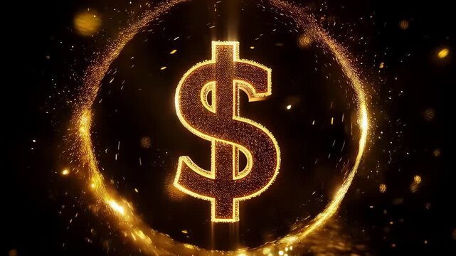 Sparkling golden dollar sign rotating inside a magical glowing circle of light and particles