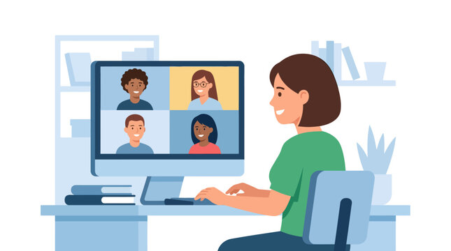 Young woman homeschooling, actively participating in an online school program. Engaged in virtual learning and remote education via video conference from her home desk.