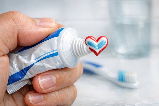 A person's hand holds a tube of toothpaste with a heart painted on it, for personal use or as a gift
