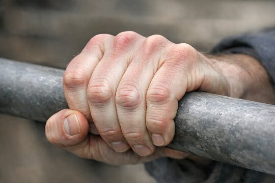 A person is seen holding onto a metal bar with their hands, possibly in a precarious situation