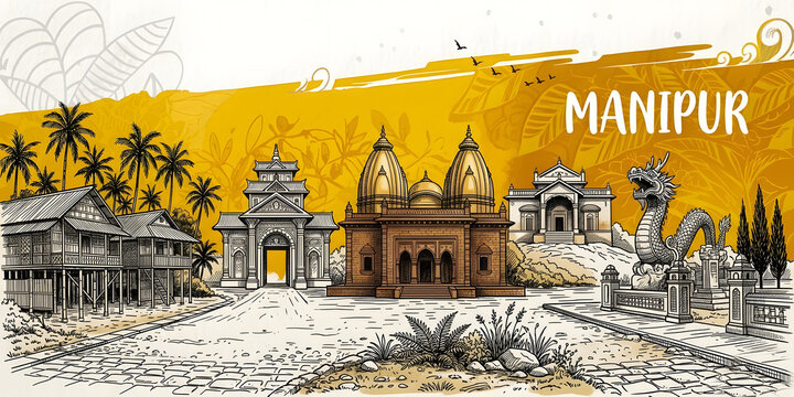 Manipur Cultural Heritage Illustration: Artistic Sketch of Kangla Sha, Shree Govindajee Temple, Kangla Fort Gate, and Traditional Houses with Vibrant Yellow Watercolor Splash for Graphic Wall Decor.