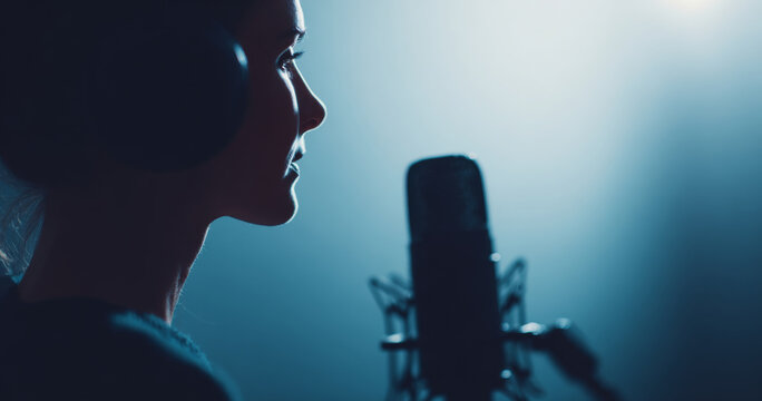 Female singer recording in studio