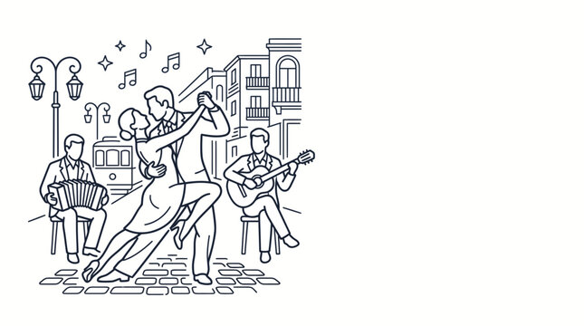 A couple dancing tango on a street with musicians.
