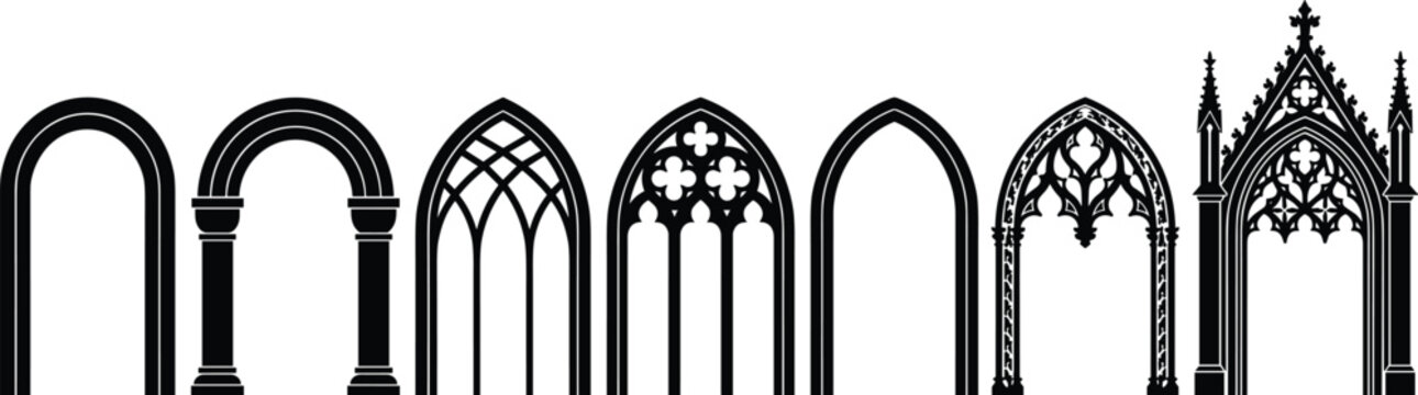 Gothic Architecture Silhouette Elements Collection Featuring Historical Romanesque Pointed and Ornate Church Cathedral Window Arches Isolated On White Background