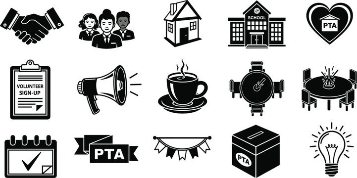 Set of Fifteen School and PTA Vector Icons Featuring Handshake, Volunteer Sign-Up, School Building, Calendar, Megaphone, Ballot Box, and Educational Community Symbols