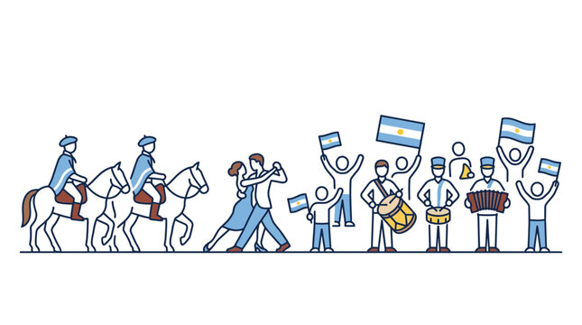 Argentine Cultural Icons Illustration with People Dancing and Music.