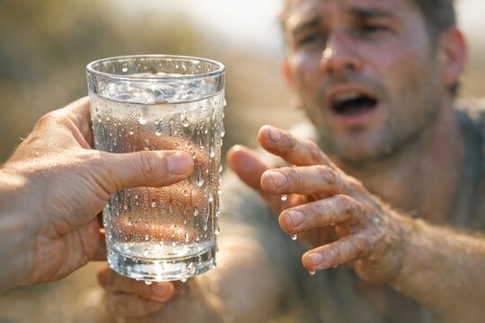 A person shielding their eyes from the light with a glass of water