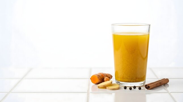 Clear glass of golden turmeric jamu traditional Indonesian herbal drink with fresh turmeric ginger and spices on white ceramic surface, Southeast Asian wellness beverage horizontal editorial with copy