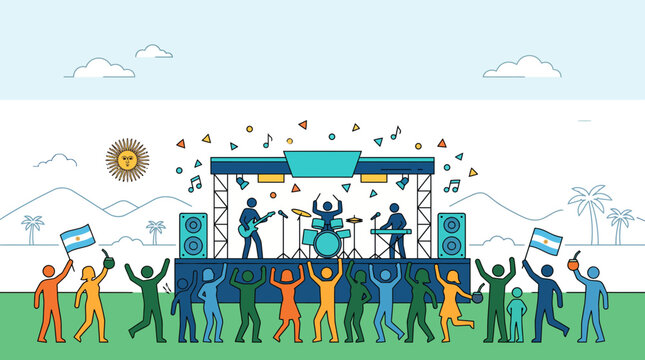 Cartoon Illustration of a Musical Band Performing on an Outdoor Stage.