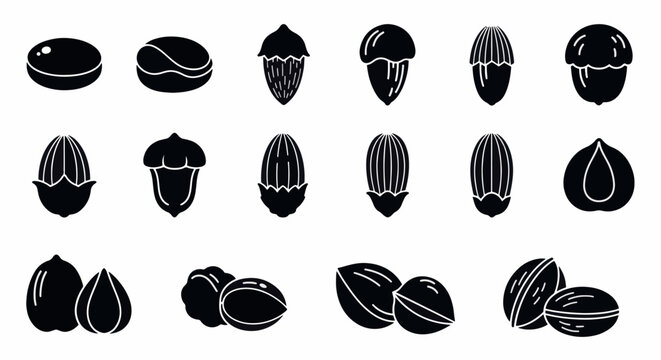 Comprehensive collection of flat black solid vector icons featuring industrial nuts, hardware fasteners, hex nuts, lock nuts, wing nuts, and flange nuts for engineering and DIY.