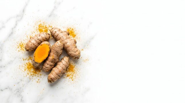 Fresh turmeric rhizomes with sliced cross-section showing vivid orange interior on white marble surface with ground powder, Southeast Asian spice hero shot horizontal banner editorial with copy space