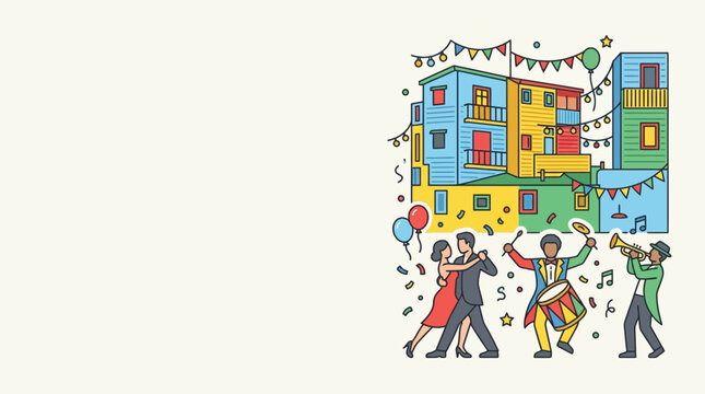 Colorful hand drawn illustration of people dancing tango and playing music in front of vibrant La Boca neighborhood buildings.