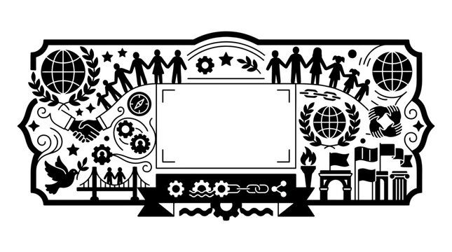Decorative frame with global unity and human connection icons.