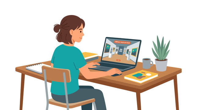 Focused young woman homeschooling, actively participating in online school programs and virtual lessons on her laptop at home.