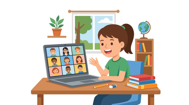 Happy young girl actively participating in an online school program from home, engaged in a virtual classroom video call for homeschooling.