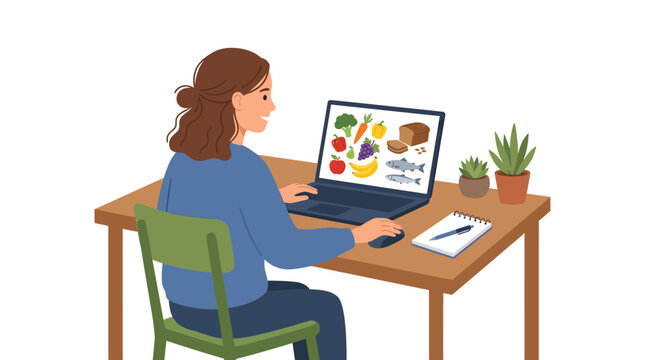 Smiling young woman learning about healthy food and nutrition online from home, using her laptop for a homeschooling program or online school course on diet.