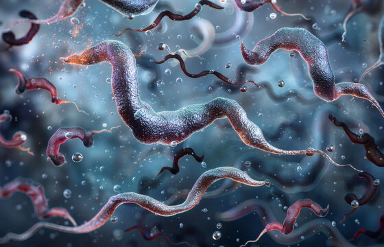 Trypanosome parasite microorganisms in microscopic environment, 3D render. Protozoan pathogen causing sleeping sickness and parasitic infection. Medical science illustration of trypanosoma parasites