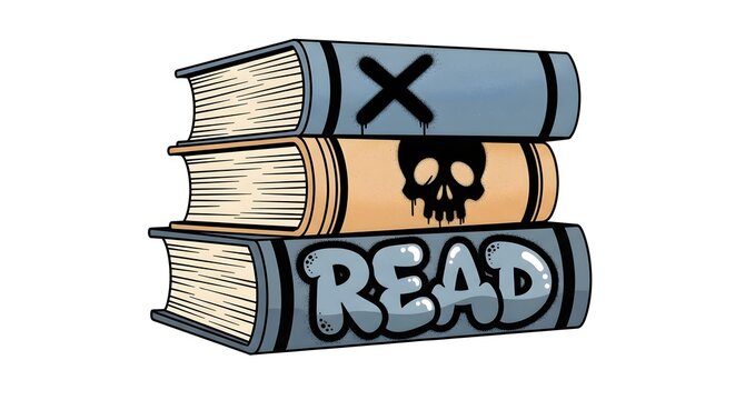 Stack of three vintage comic books with 'X' and skull symbols on the spine, and 'READ' graffiti text on the cover