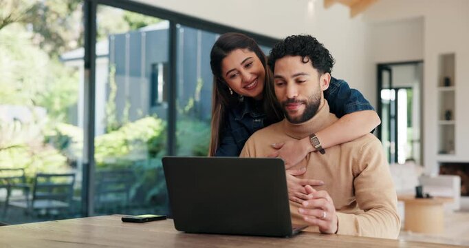 Finance, laptop and hug with couple in home together for budget review or investment planning. Computer, conversation and talking with happy people in apartment for financial or wealth management