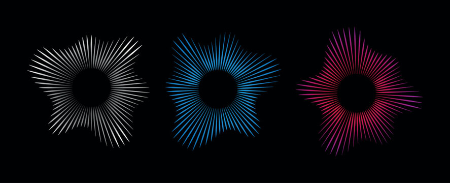 Radial audio wave set with silver blue and pink sharp lines forming circular spectrum on black background for digital music visualizers and sound engineering applications