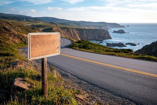 Coastal highway blank sign road sign winding road cliff ocean coastline landscape scenic view travel
