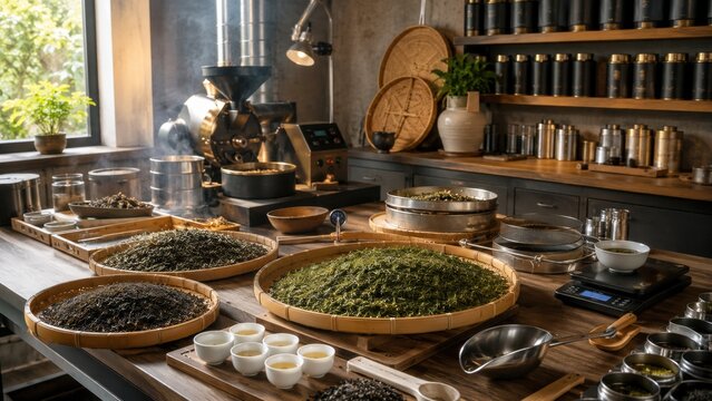 Tea preparation in a workshop with various types of tea leaves and tools on the counter during daytime in a well-lit setting