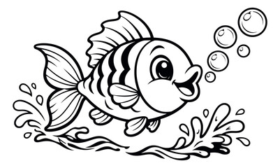 Fototapeta premium Cartoon line art illustration of a happy fish depicting swimming and blowing bubbles for children's design projects