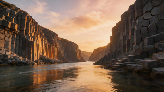 Hexagonal rock formations by river at sunset