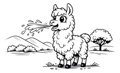 Fototapeta premium Hand drawn line art illustration of a cute llama depicting spitting for children's coloring activities