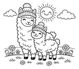 Fototapeta premium Hand drawn line art illustration of two cute llamas depicting them wearing winter hats in a field for a children's coloring book