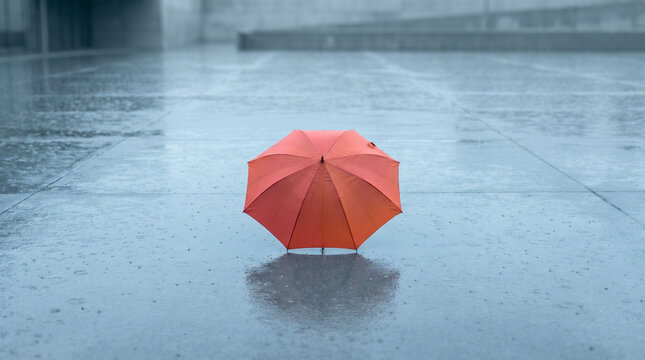 Red umbrella standing on wet pavement in rain