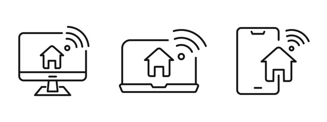 Smart Home Outline Icons – Editable Stroke Connected Devices and WiFi House Vector Symbol © JAGU Graphix