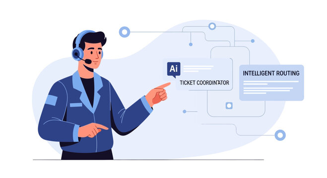 AI ticket coordinator with intelligent routing system concept illustration