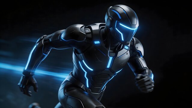 Futuristic armored figure in motion