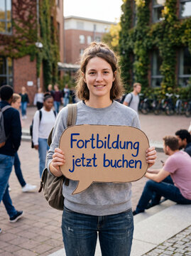 L&auml;chelnde junge Frau mit Pferdeschwanz und Rucksack h&auml;lt Sprechblase Schild Fortbildung jetzt buchen auf Campus &ndash; Weiterbildung Studierende