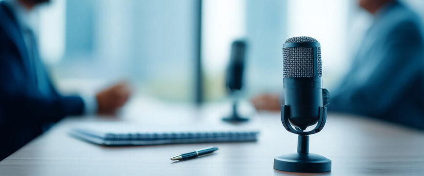 Professional podcast recording setup with microphones