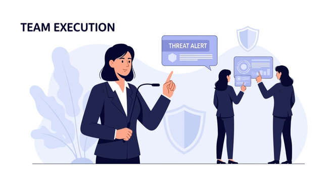Business team executing strategy and threat alert