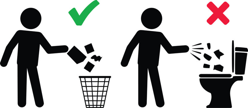 Waste disposal icons set, correct trash bin use and toilet misuse symbols, hygiene vector illustration isolated background